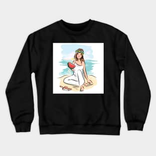 Girl on beach with water melon Crewneck Sweatshirt